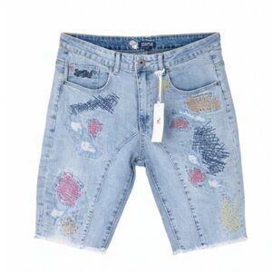 Staple Pigeon Light Stonewash Multicolor Stitching Distressed Denim Shorts Sz 38